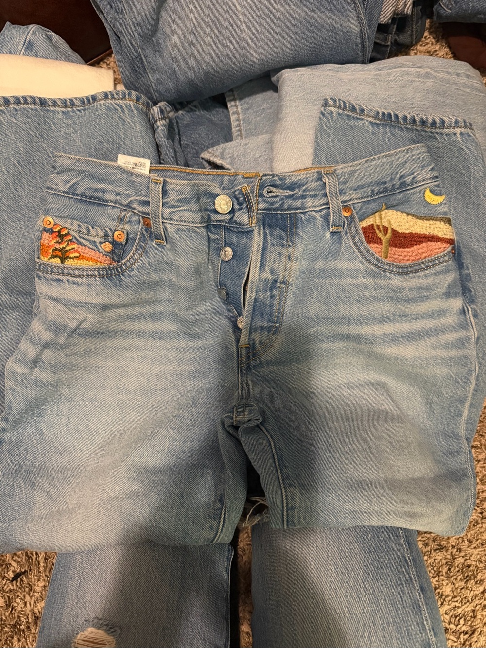 Light Wash Denim Jeans with Desert Embroidered Pockets